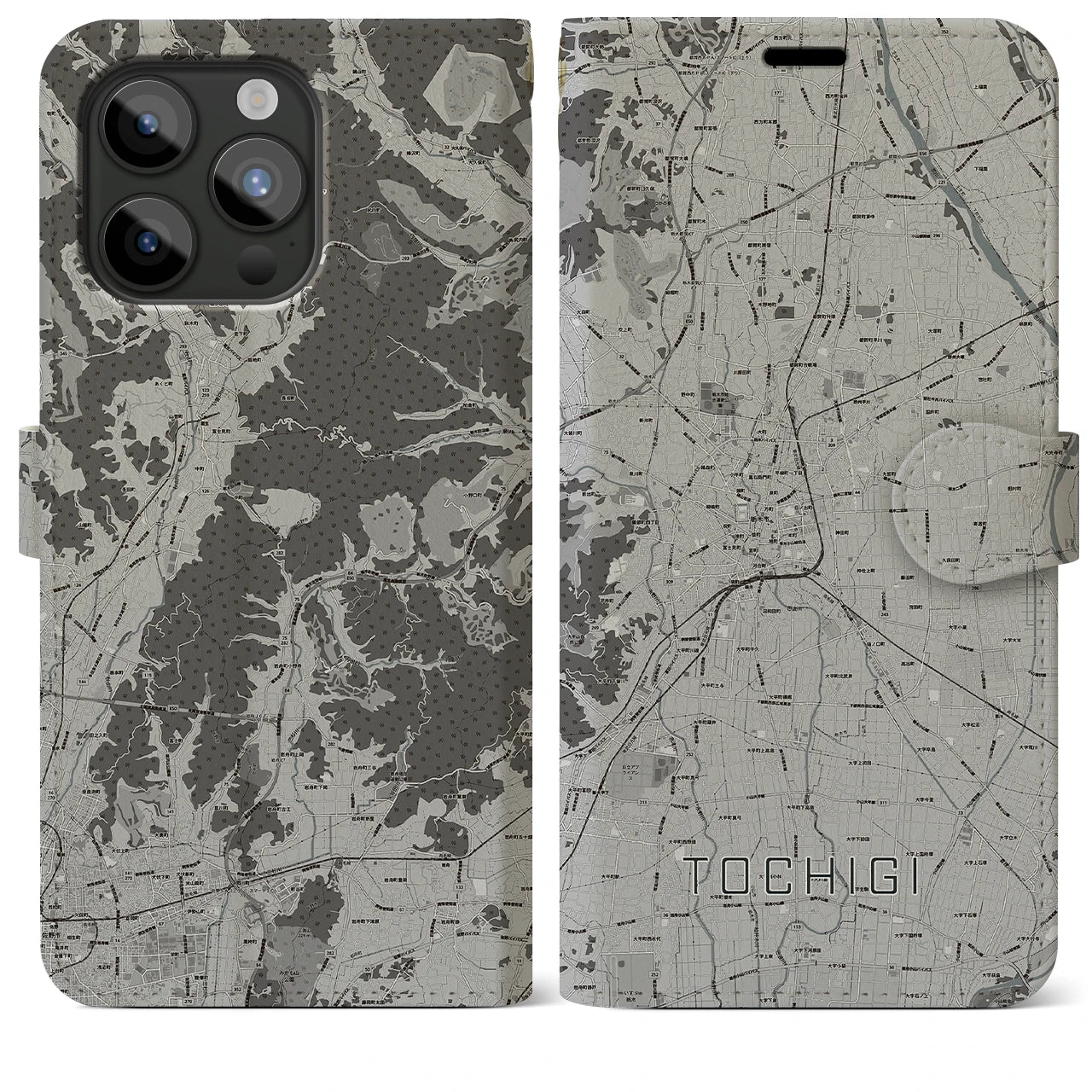 【栃木(栃木県)】地図柄iPhoneケース(手帳タイプ)モノトーン・iPhone 15 Pro Max 用
