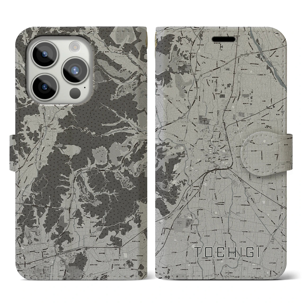 【栃木(栃木県)】地図柄iPhoneケース(手帳タイプ)モノトーン・iPhone 15 Pro 用