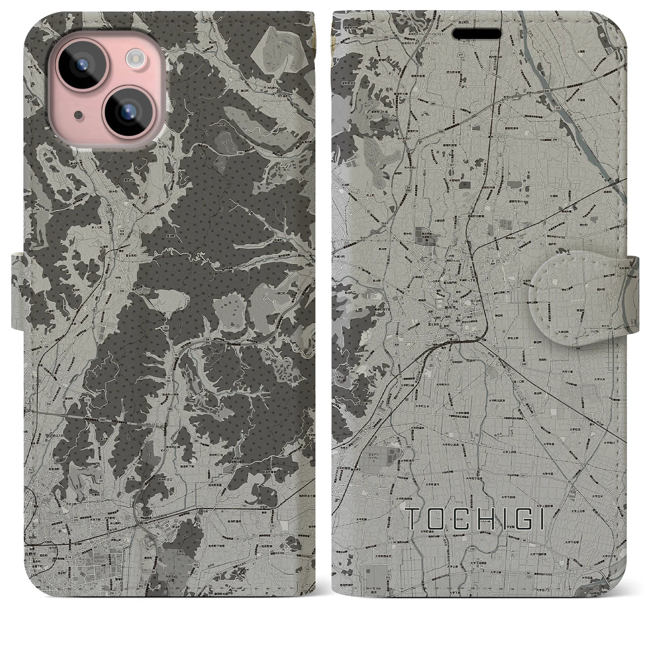 【栃木(栃木県)】地図柄iPhoneケース(手帳タイプ)モノトーン・iPhone 15 Plus 用