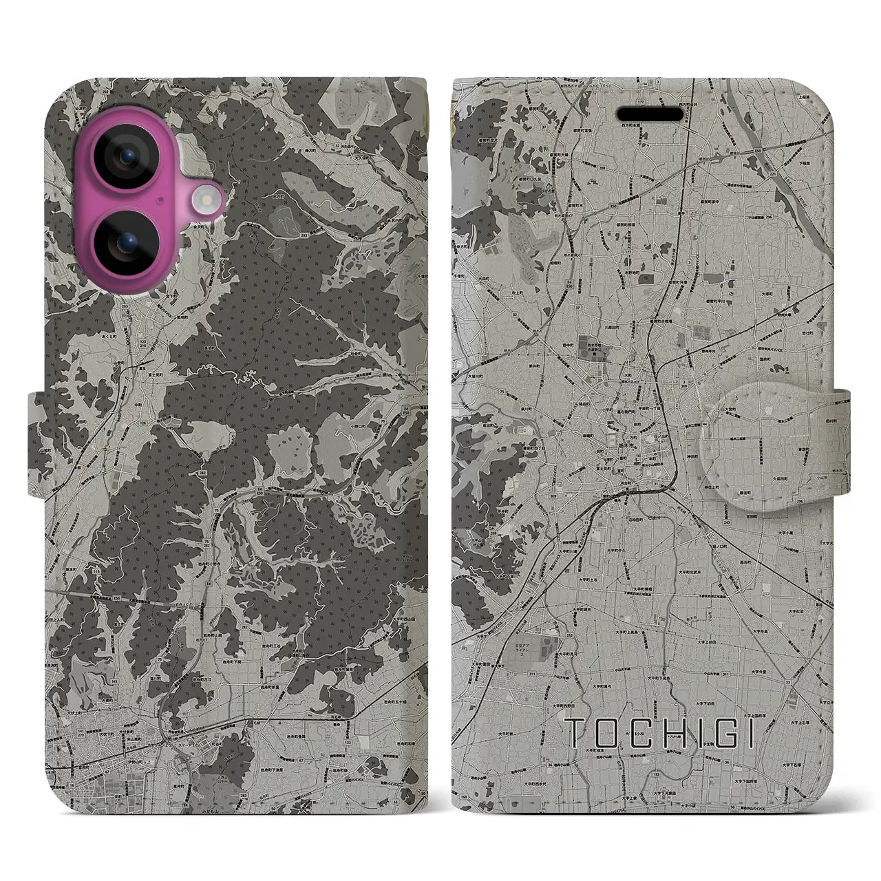 【栃木(栃木県)】地図柄iPhoneケース(手帳タイプ)モノトーン・iPhone 16 Pro 用