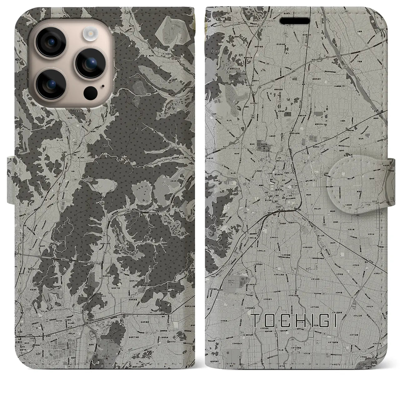 【栃木(栃木県)】地図柄iPhoneケース(手帳タイプ)モノトーン・iPhone 16 Plus 用