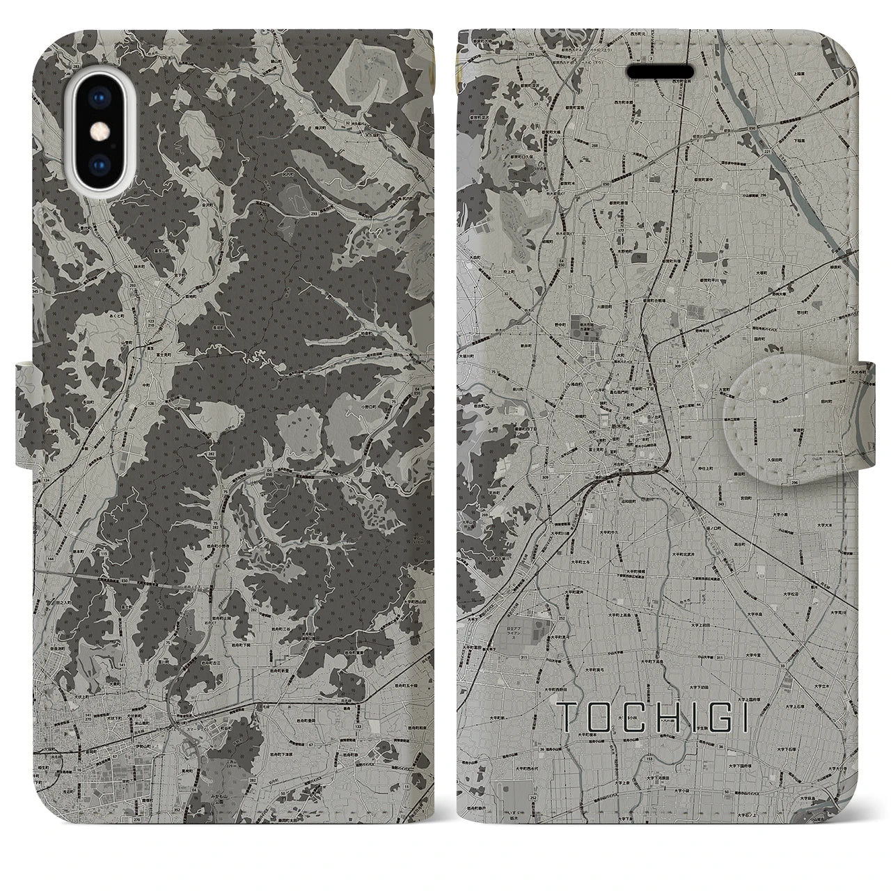 【栃木(栃木県)】地図柄iPhoneケース(手帳タイプ)モノトーン・iPhone XS Max 用