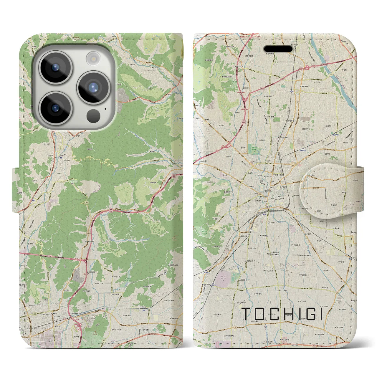 【栃木(栃木県)】地図柄iPhoneケース(手帳タイプ)ナチュラル・iPhone 15 Pro 用