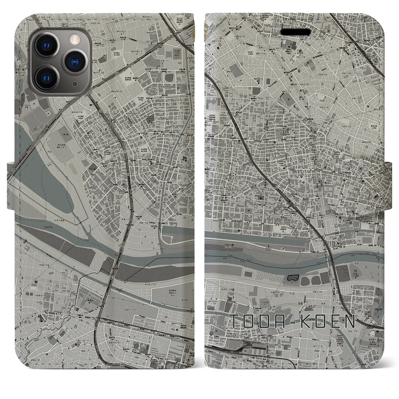 【戸田公園(埼玉県)】地図柄iPhoneケース(手帳タイプ)モノトーン・iPhone 11 Pro Max 用