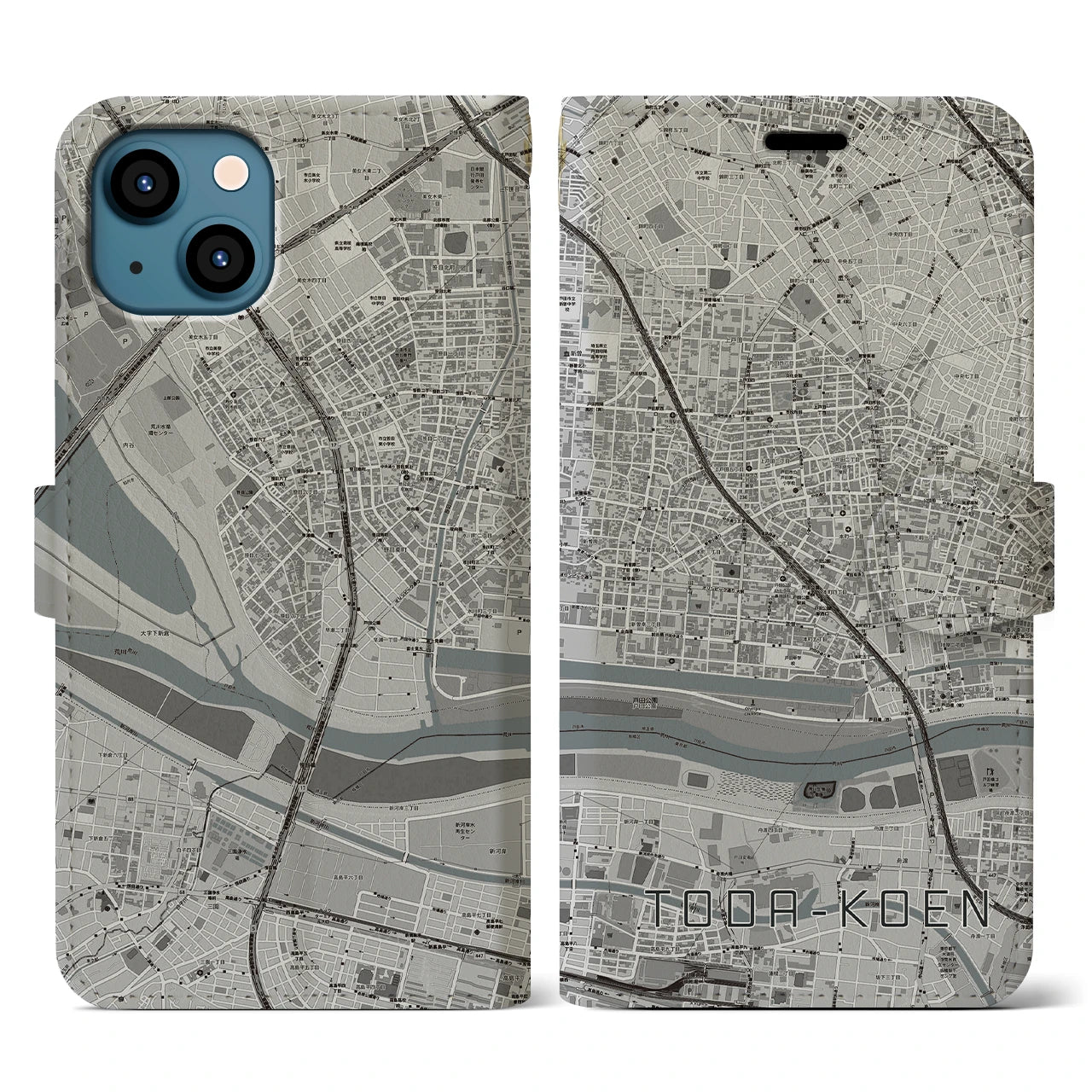 【戸田公園(埼玉県)】地図柄iPhoneケース(手帳タイプ)モノトーン・iPhone 13 用