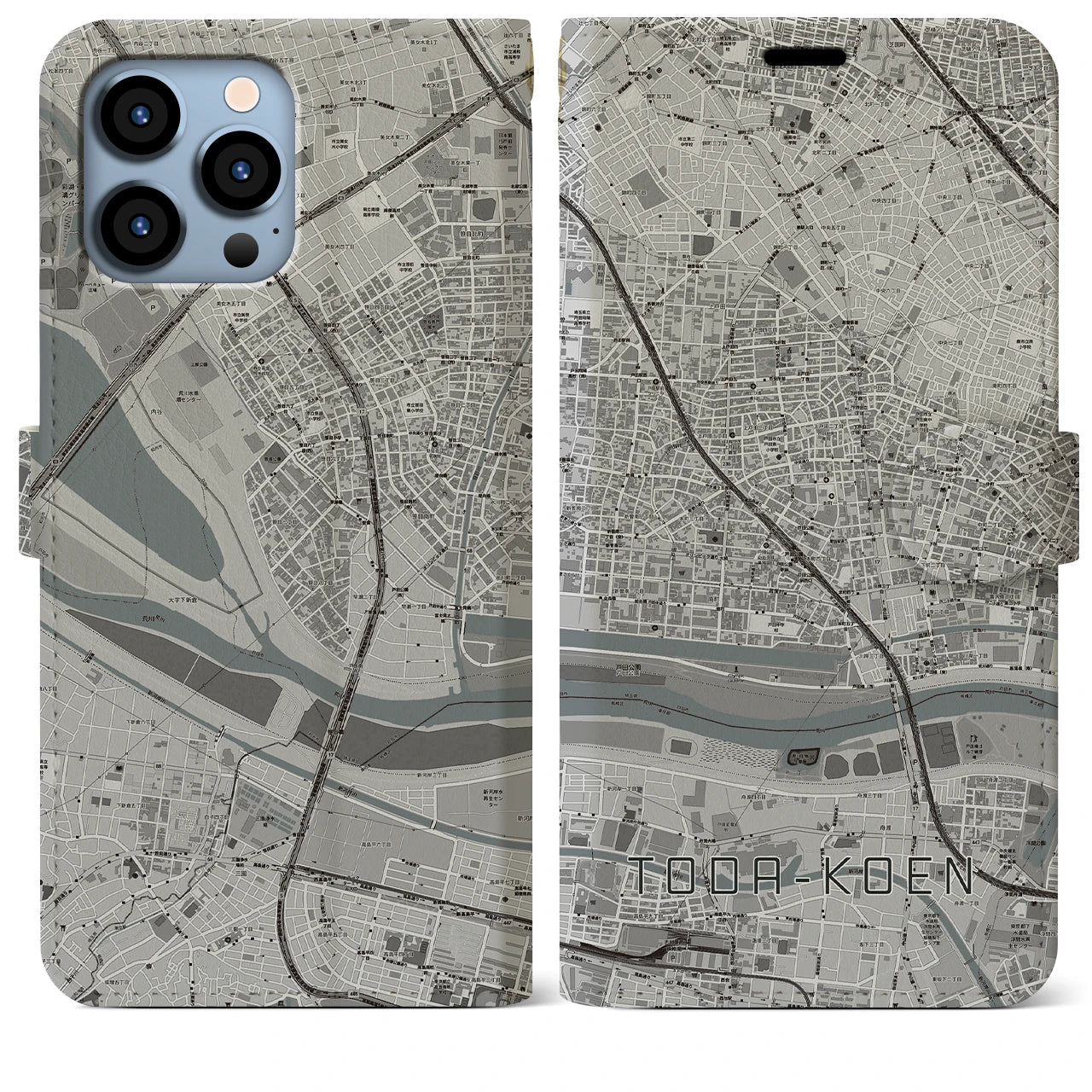 【戸田公園(埼玉県)】地図柄iPhoneケース(手帳タイプ)モノトーン・iPhone 13 Pro Max 用