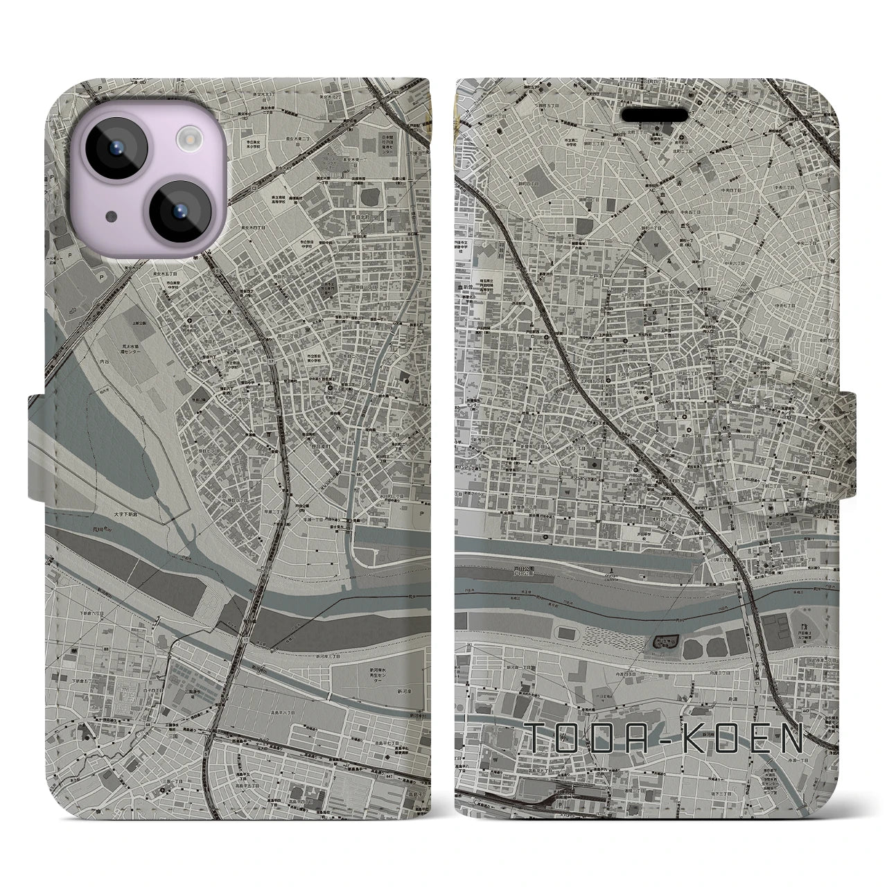 【戸田公園(埼玉県)】地図柄iPhoneケース(手帳タイプ)モノトーン・iPhone 14 用