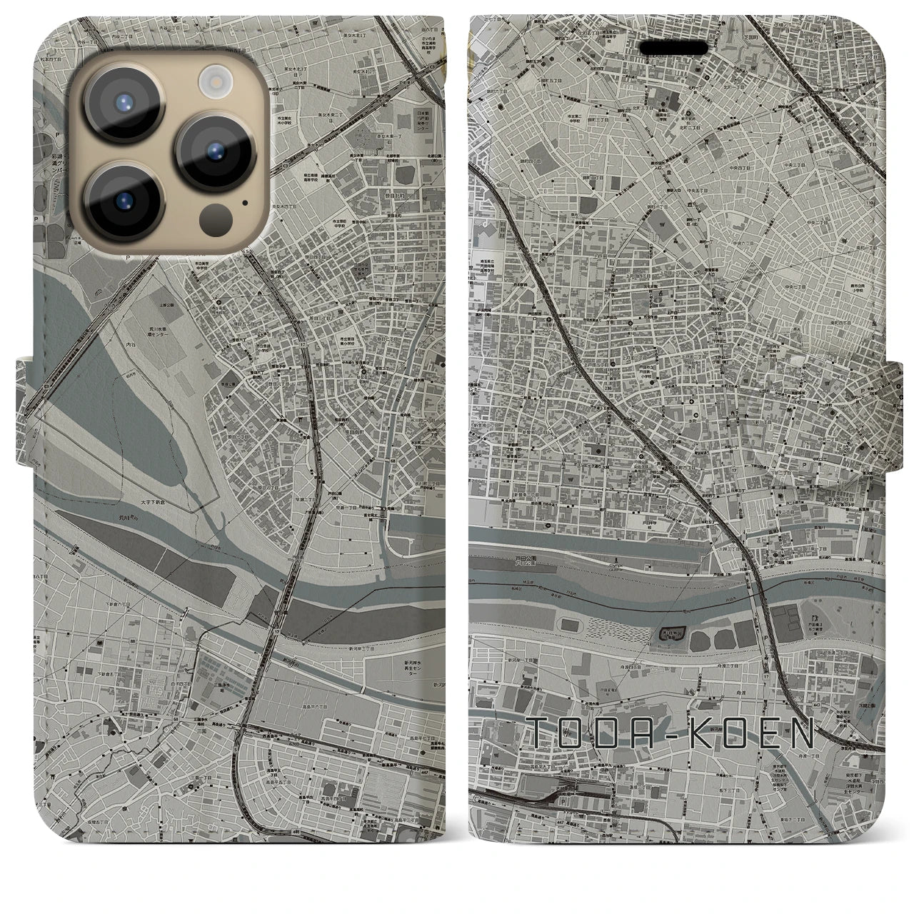 【戸田公園(埼玉県)】地図柄iPhoneケース(手帳タイプ)モノトーン・iPhone 14 Pro Max 用