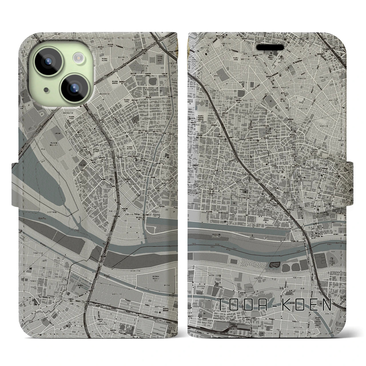 【戸田公園(埼玉県)】地図柄iPhoneケース(手帳タイプ)モノトーン・iPhone 15 用