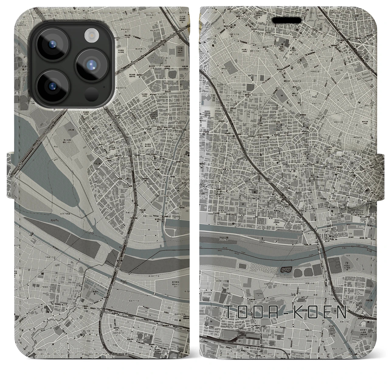 【戸田公園(埼玉県)】地図柄iPhoneケース(手帳タイプ)モノトーン・iPhone 15 Pro Max 用