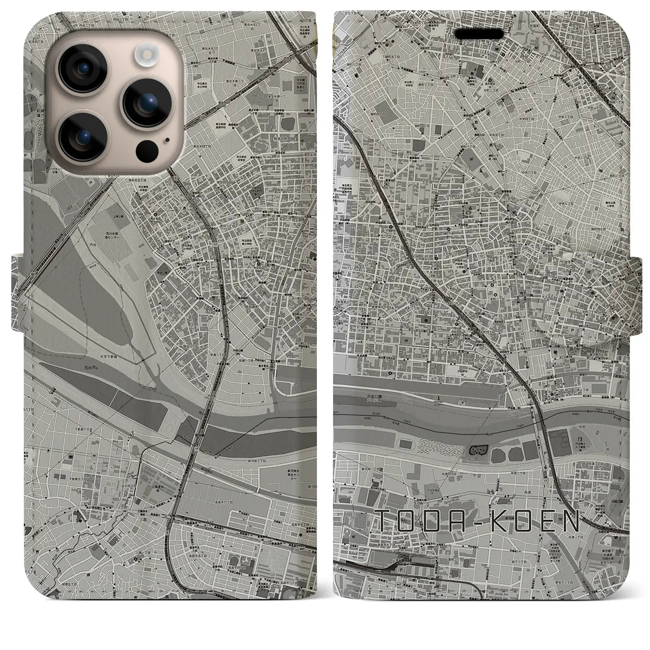 【戸田公園(埼玉県)】地図柄iPhoneケース(手帳タイプ)モノトーン・iPhone 16 Plus 用