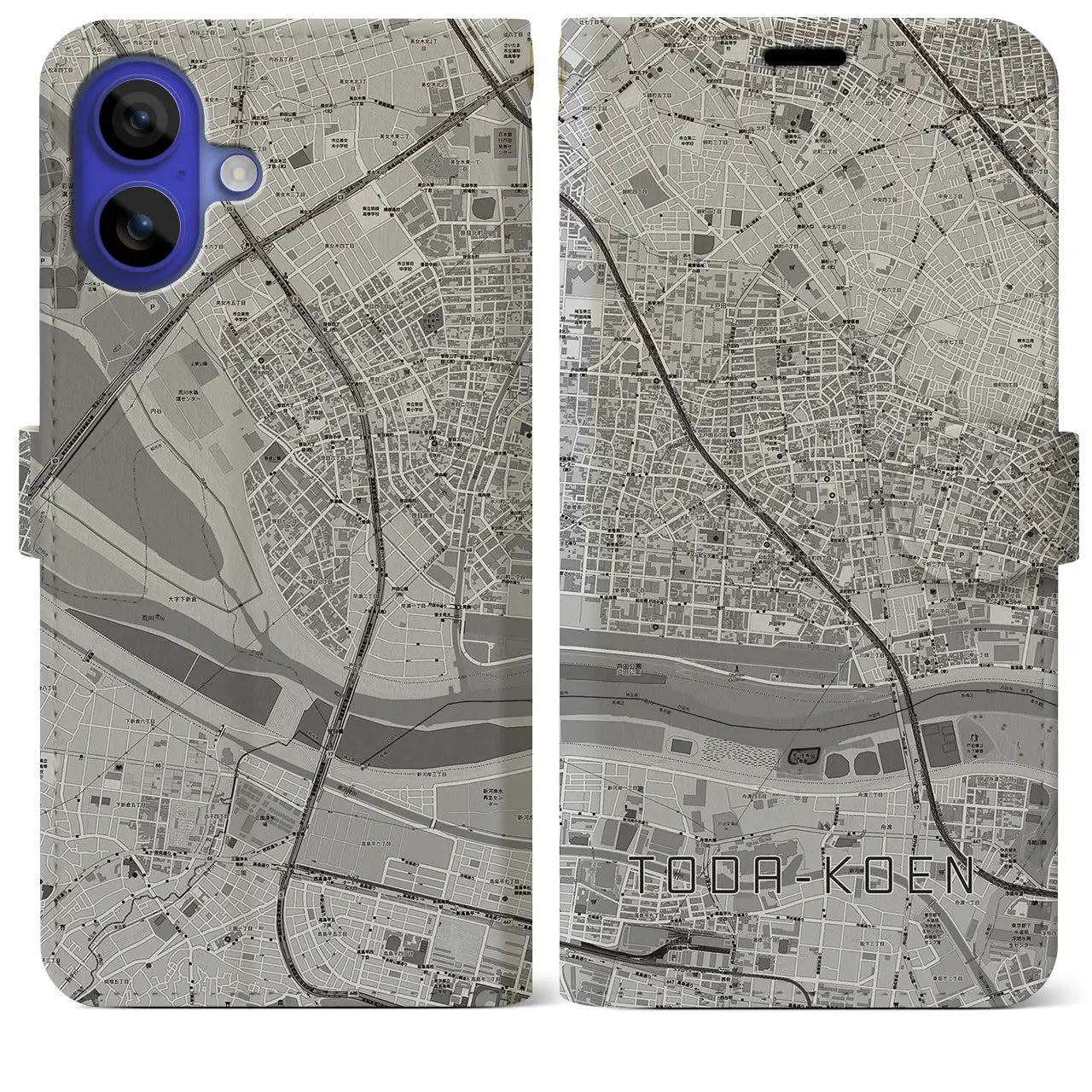【戸田公園(埼玉県)】地図柄iPhoneケース(手帳タイプ)モノトーン・iPhone 16 Pro Max 用