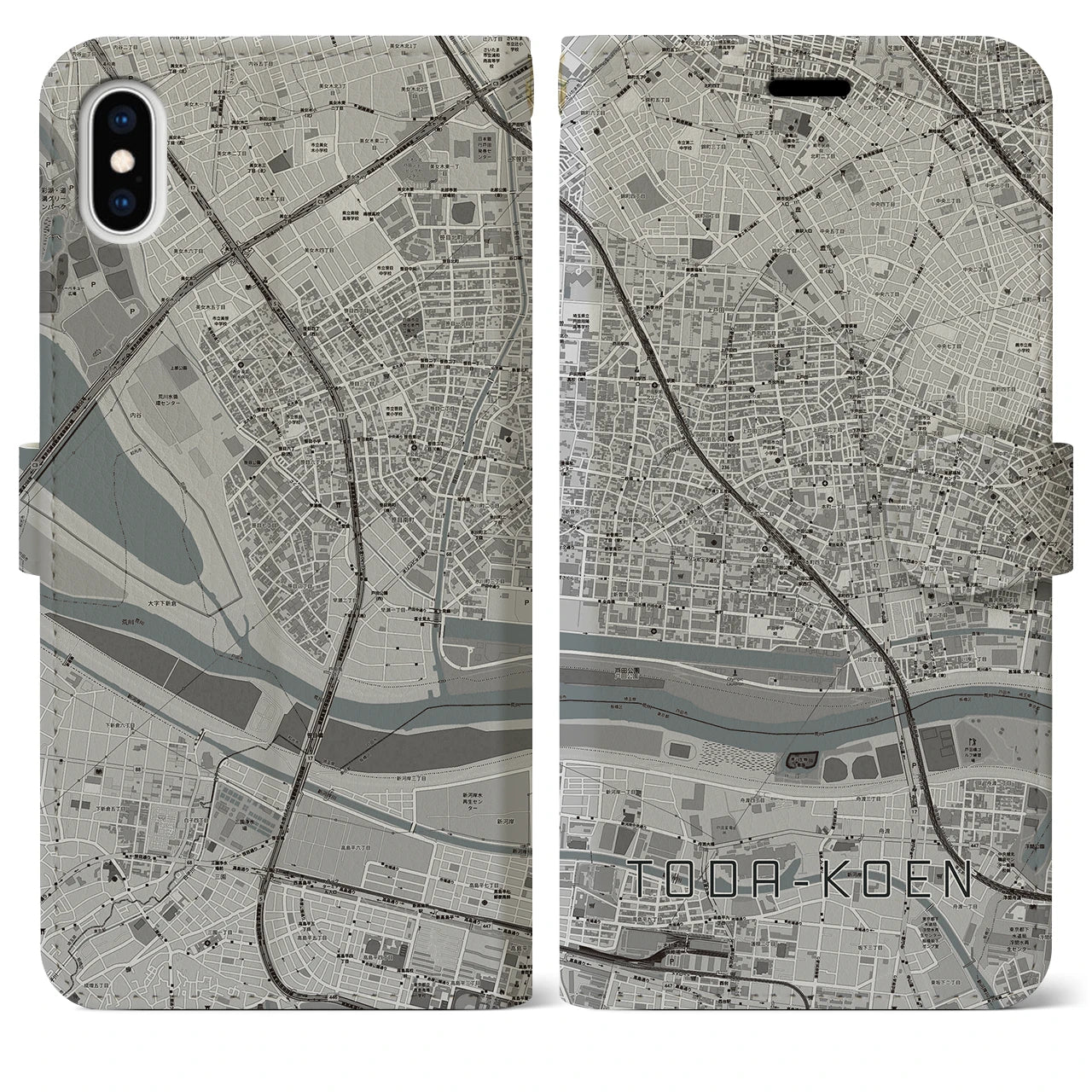 【戸田公園(埼玉県)】地図柄iPhoneケース(手帳タイプ)モノトーン・iPhone XS Max 用