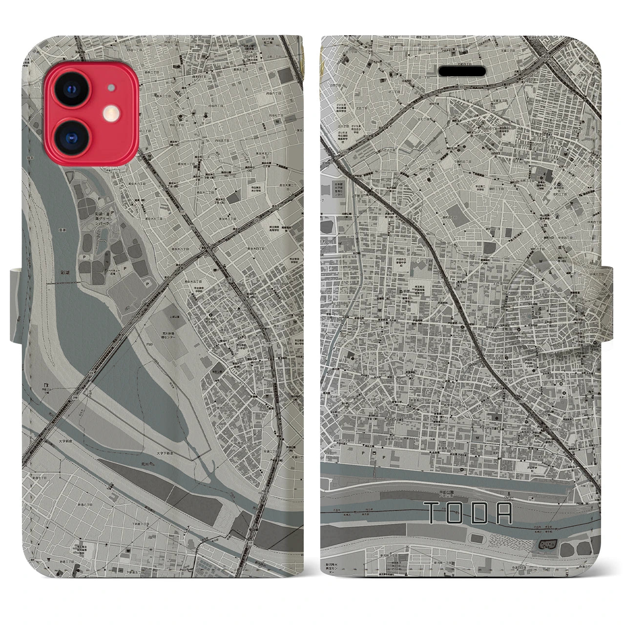 【戸田(埼玉県)】地図柄iPhoneケース(手帳タイプ)モノトーン・iPhone 11 用