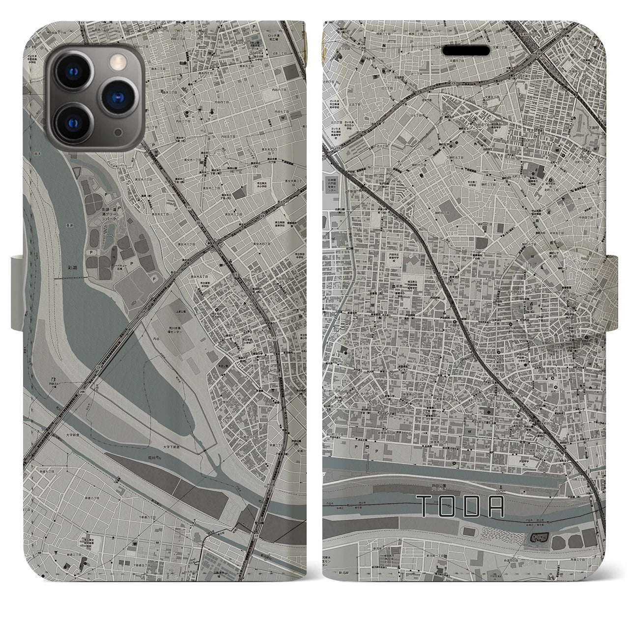 【戸田(埼玉県)】地図柄iPhoneケース(手帳タイプ)モノトーン・iPhone 11 Pro Max 用