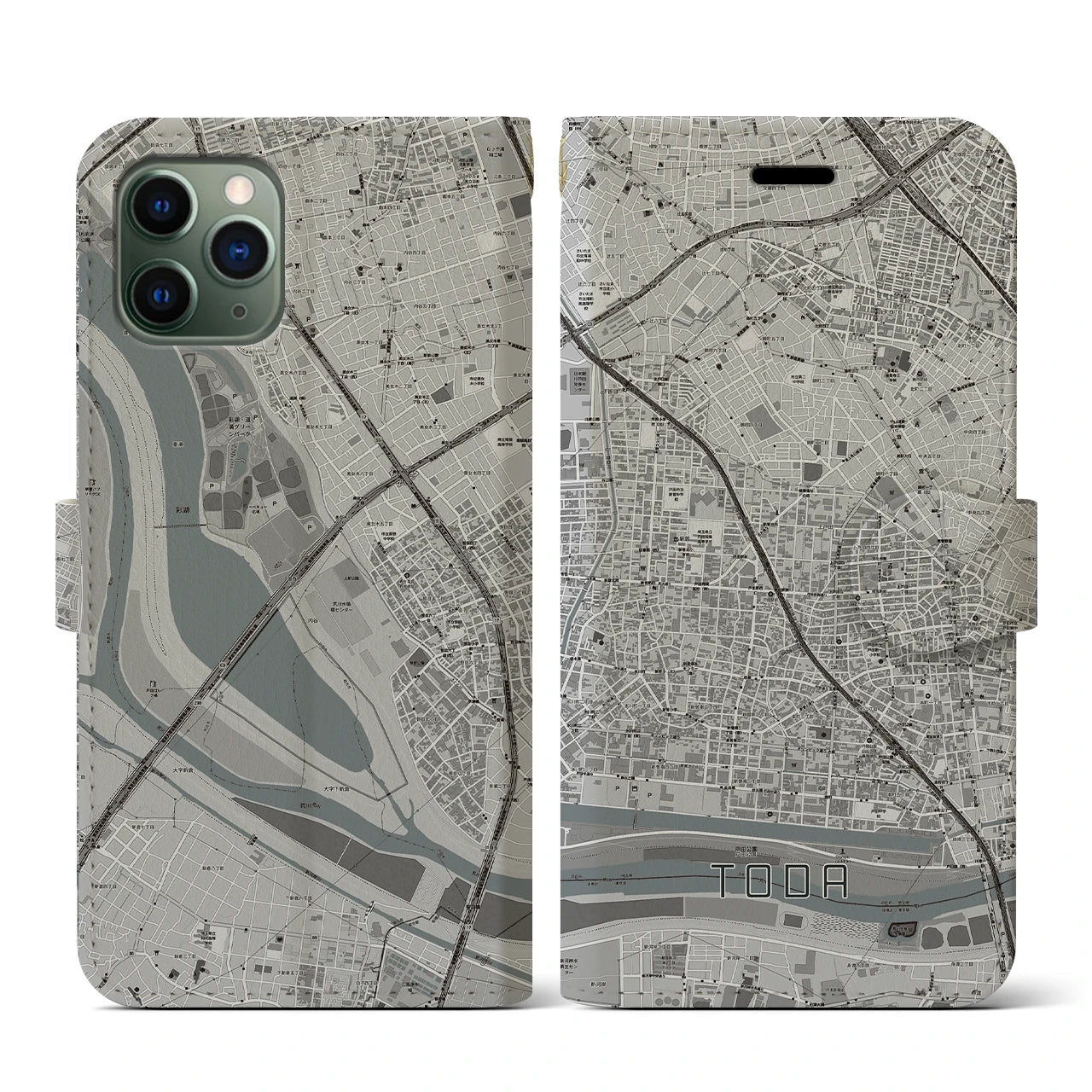 【戸田(埼玉県)】地図柄iPhoneケース(手帳タイプ)モノトーン・iPhone 11 Pro 用