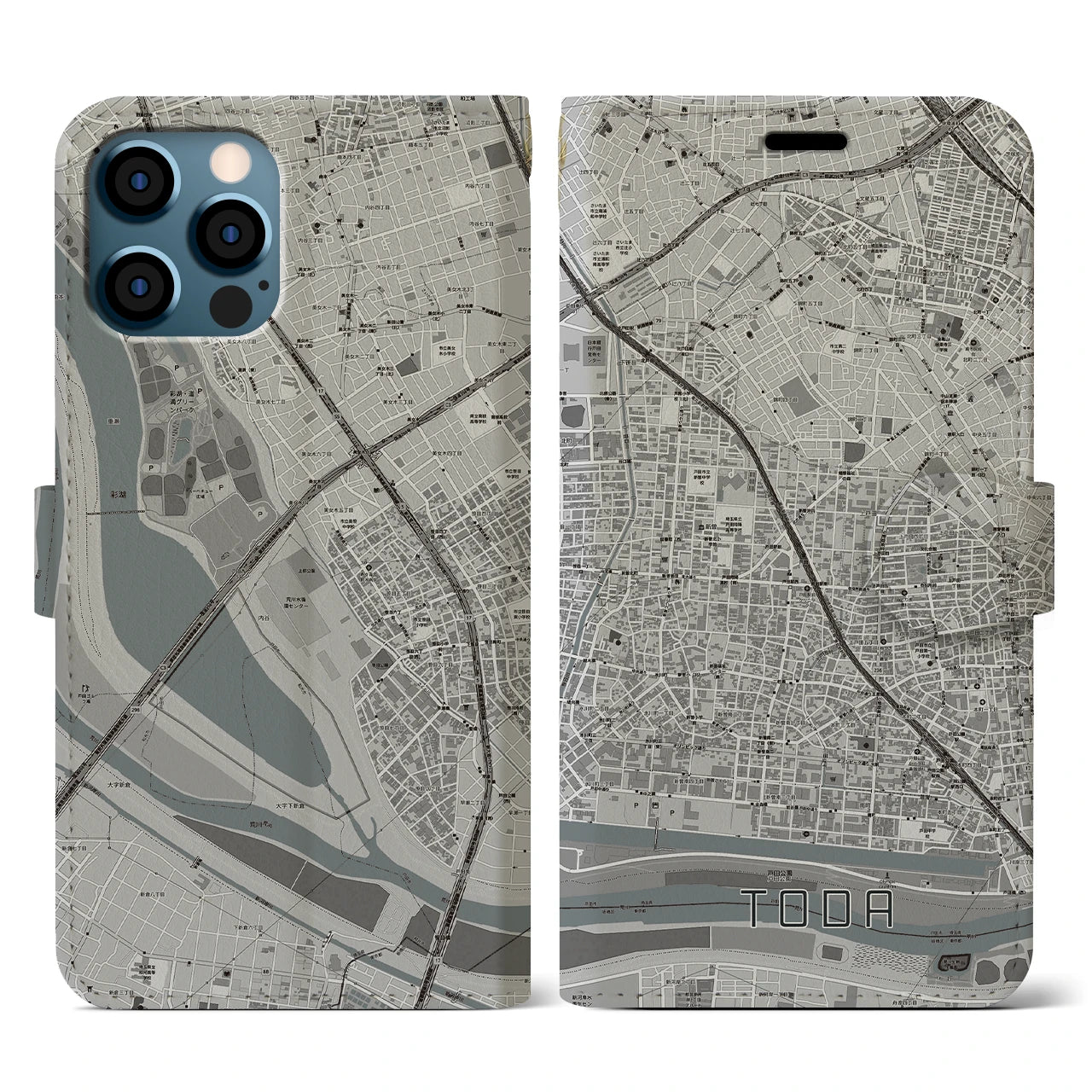 【戸田(埼玉県)】地図柄iPhoneケース(手帳タイプ)モノトーン・iPhone 12 / 12 Pro 用