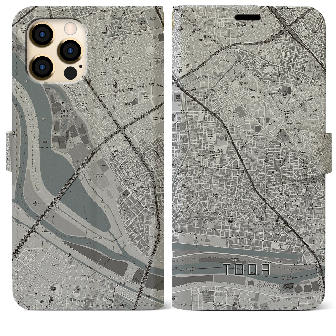 【戸田(埼玉県)】地図柄iPhoneケース(手帳タイプ)モノトーン・iPhone 12 Pro Max 用