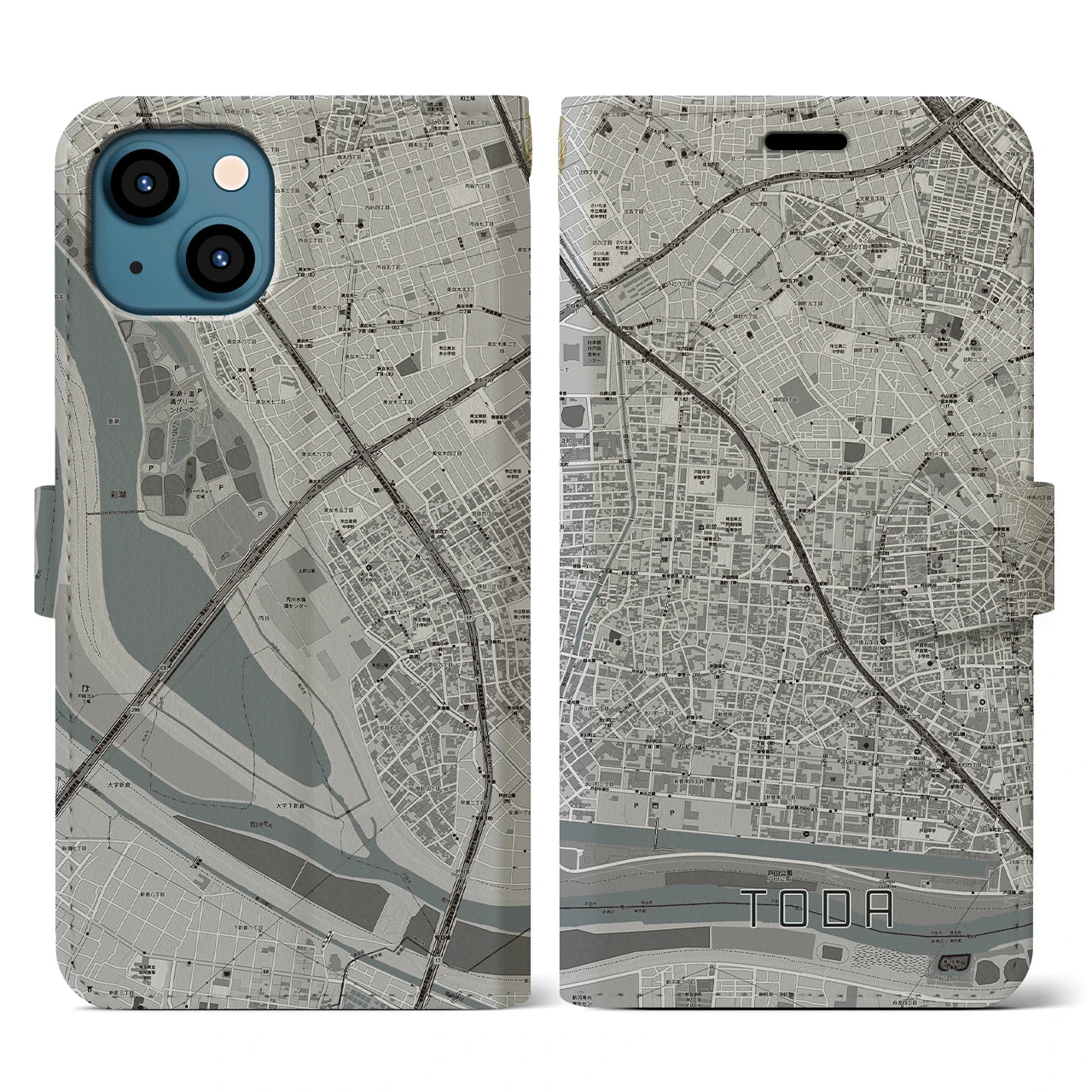 【戸田(埼玉県)】地図柄iPhoneケース(手帳タイプ)モノトーン・iPhone 13 用