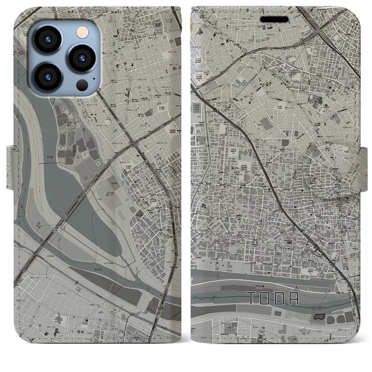 【戸田(埼玉県)】地図柄iPhoneケース(手帳タイプ)モノトーン・iPhone 13 Pro Max 用
