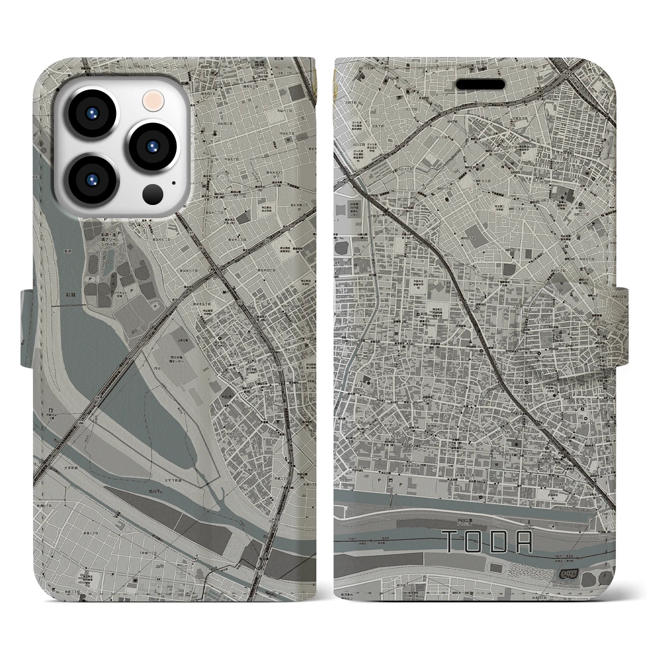 【戸田(埼玉県)】地図柄iPhoneケース(手帳タイプ)モノトーン・iPhone 13 Pro 用