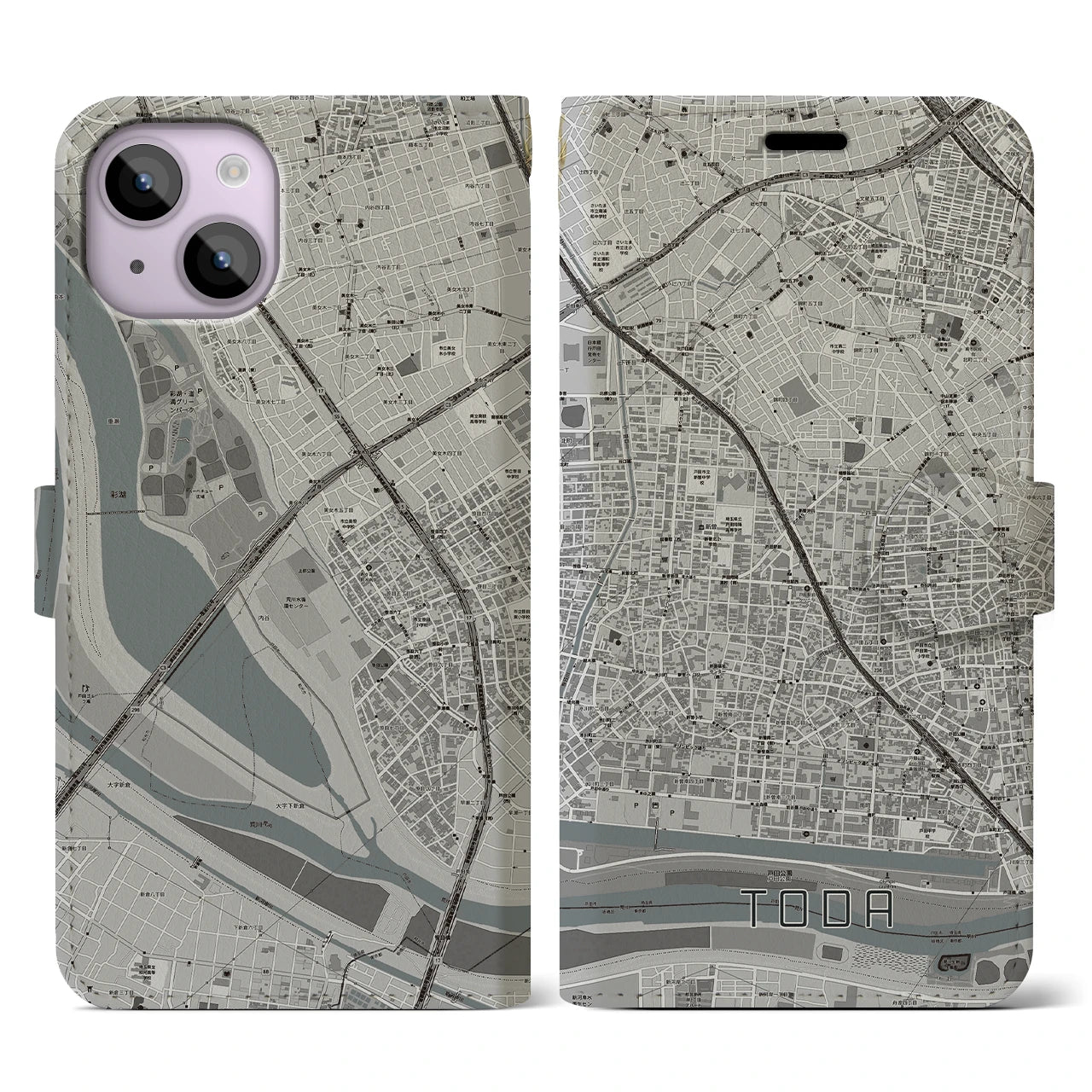 【戸田(埼玉県)】地図柄iPhoneケース(手帳タイプ)モノトーン・iPhone 14 用