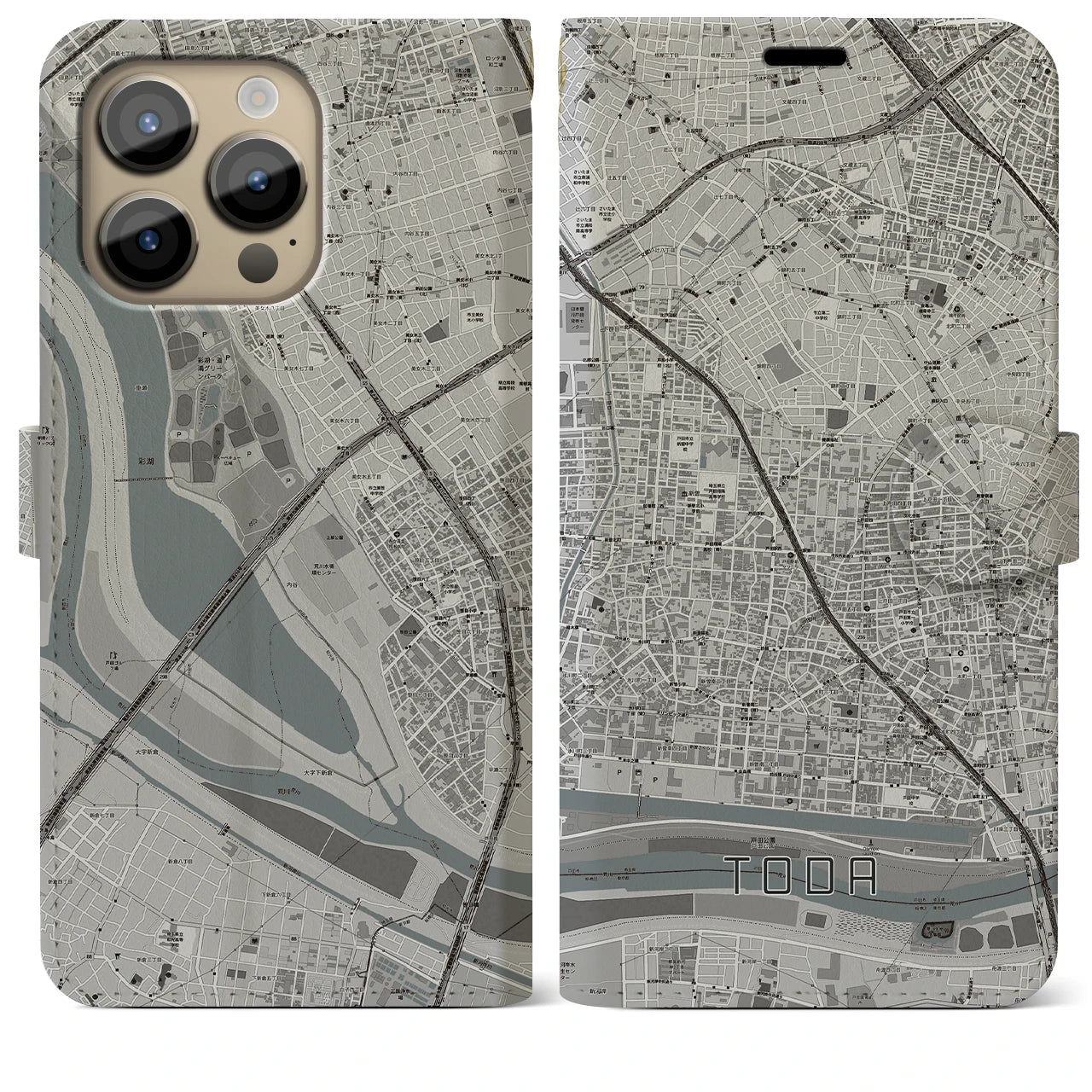 【戸田(埼玉県)】地図柄iPhoneケース(手帳タイプ)モノトーン・iPhone 14 Pro Max 用
