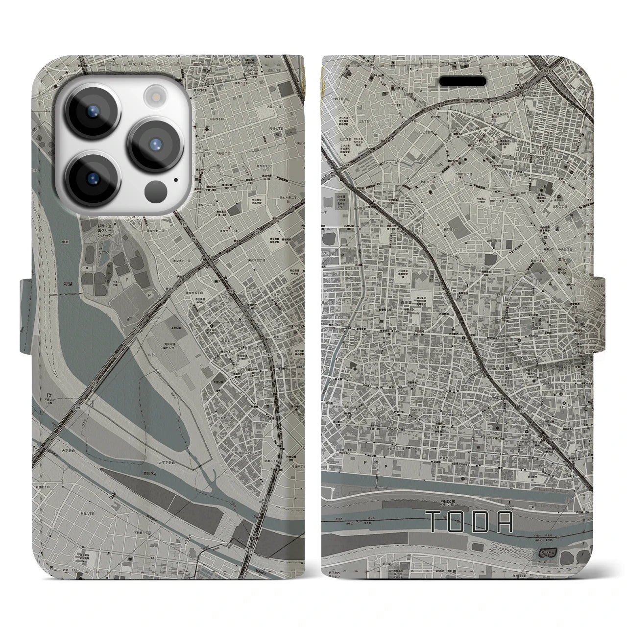 【戸田(埼玉県)】地図柄iPhoneケース(手帳タイプ)モノトーン・iPhone 14 Pro 用