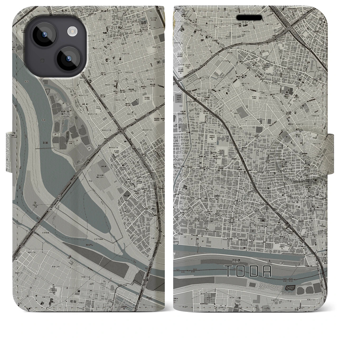 【戸田(埼玉県)】地図柄iPhoneケース(手帳タイプ)モノトーン・iPhone 14 Plus 用