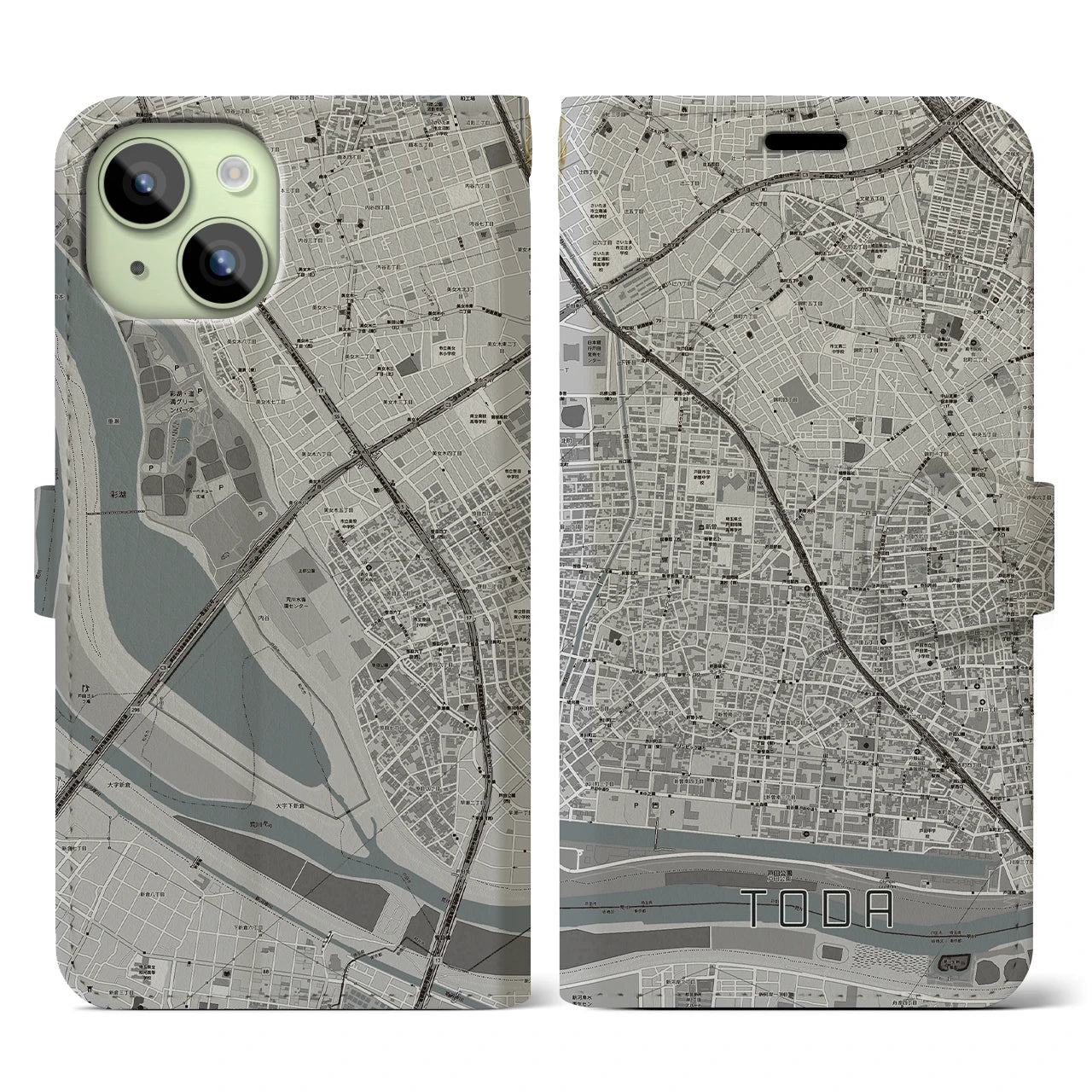 【戸田(埼玉県)】地図柄iPhoneケース(手帳タイプ)モノトーン・iPhone 15 用