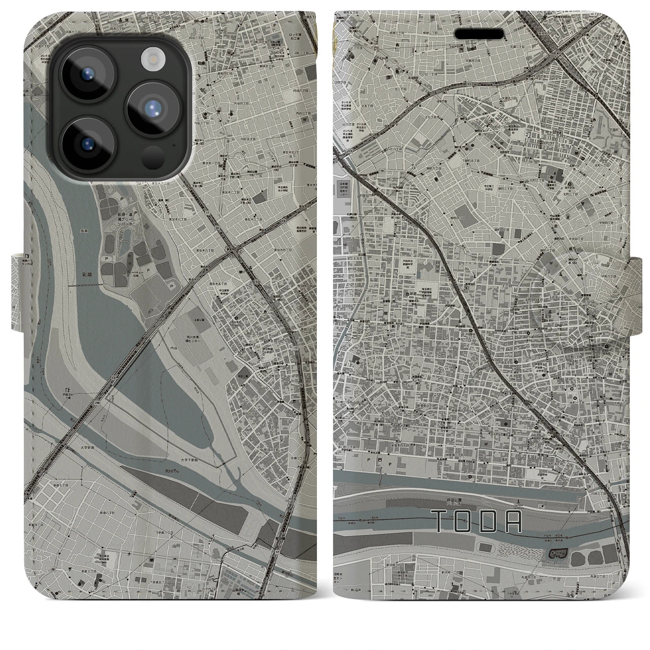 【戸田(埼玉県)】地図柄iPhoneケース(手帳タイプ)モノトーン・iPhone 15 Pro Max 用