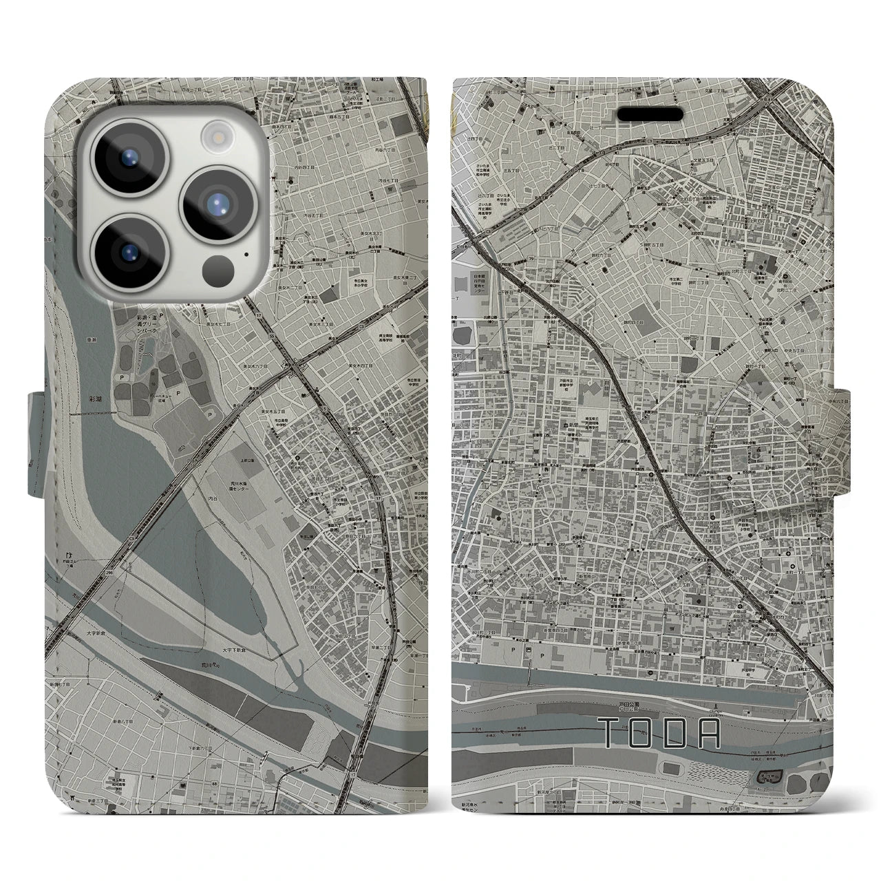 【戸田(埼玉県)】地図柄iPhoneケース(手帳タイプ)モノトーン・iPhone 15 Pro 用