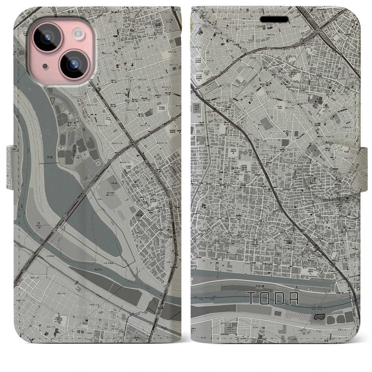 【戸田(埼玉県)】地図柄iPhoneケース(手帳タイプ)モノトーン・iPhone 15 Plus 用