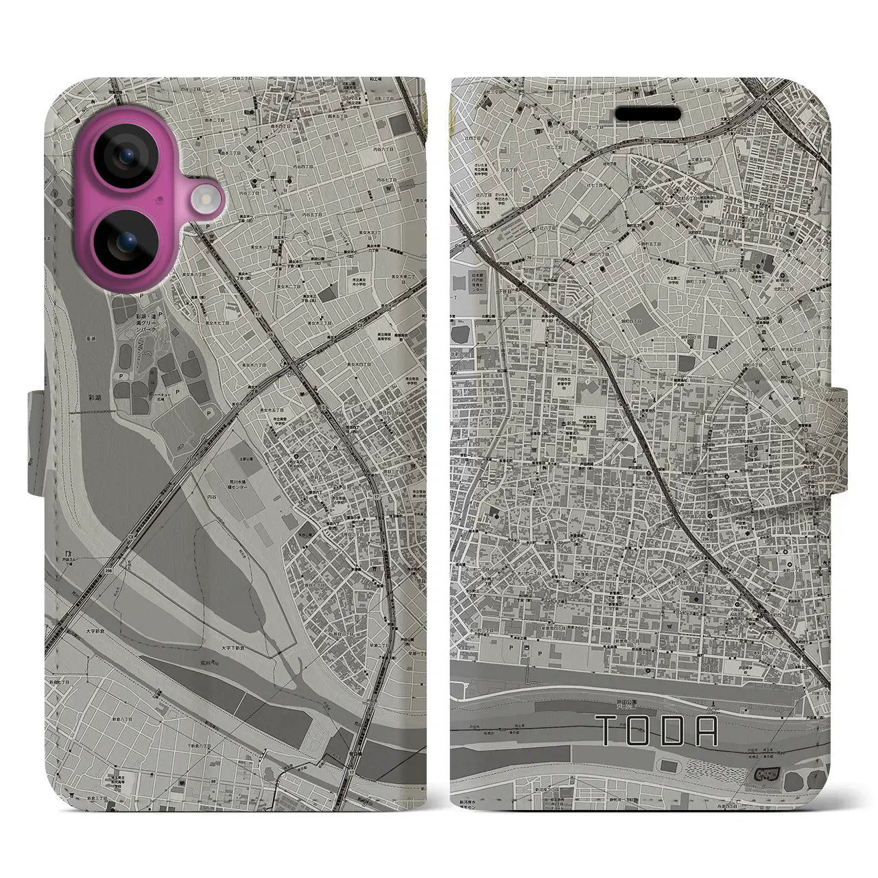 【戸田(埼玉県)】地図柄iPhoneケース(手帳タイプ)モノトーン・iPhone 16 Pro 用
