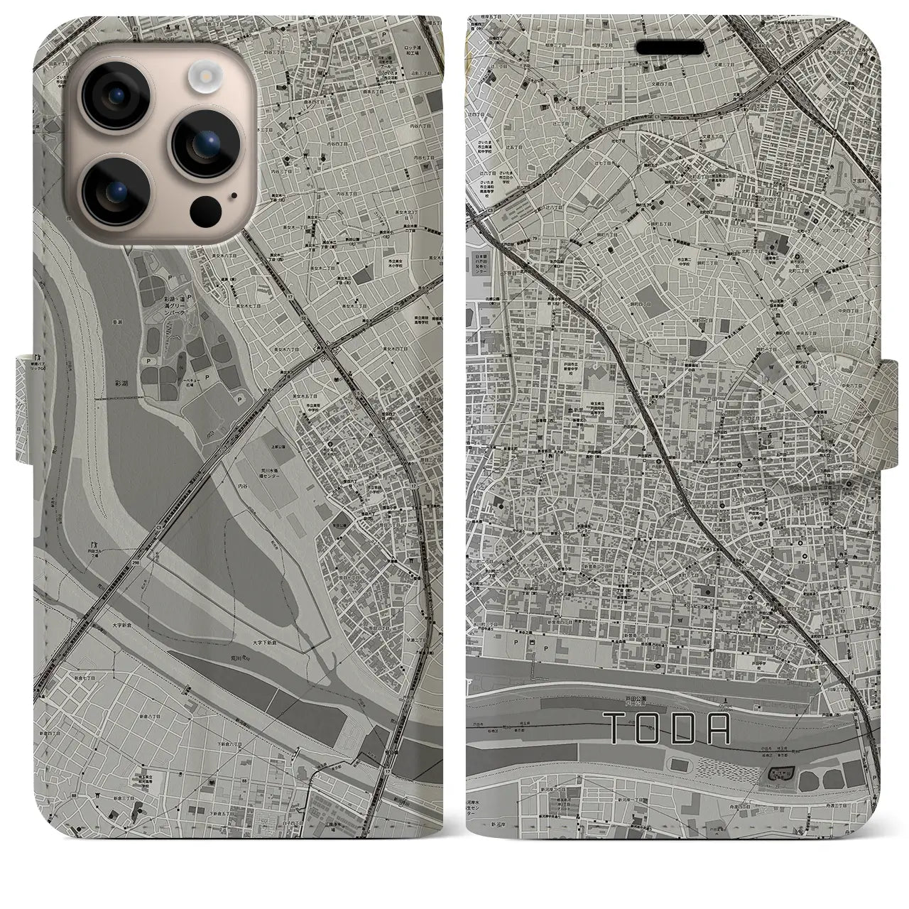 【戸田(埼玉県)】地図柄iPhoneケース(手帳タイプ)モノトーン・iPhone 16 Plus 用