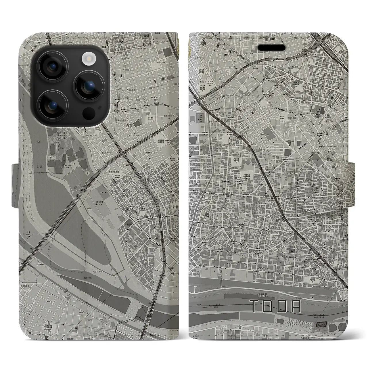 【戸田(埼玉県)】地図柄iPhoneケース(手帳タイプ)モノトーン・iPhone 16 用