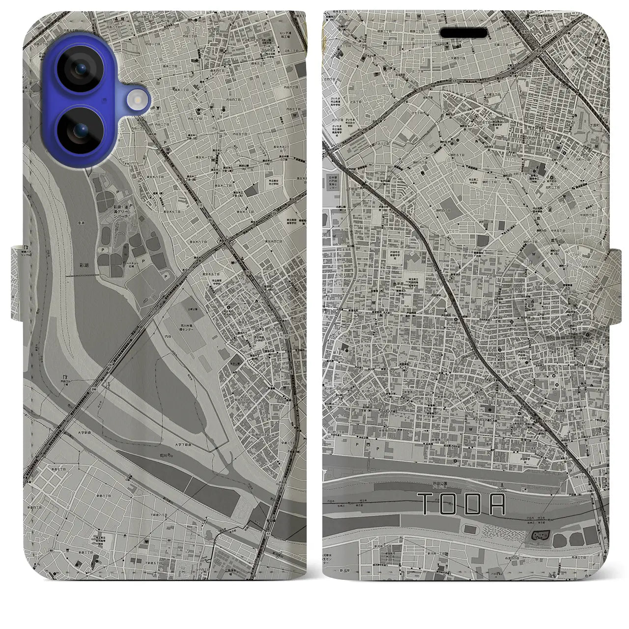 【戸田(埼玉県)】地図柄iPhoneケース(手帳タイプ)モノトーン・iPhone 16 Pro Max 用