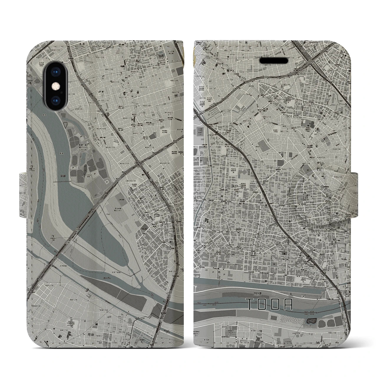 【戸田(埼玉県)】地図柄iPhoneケース(手帳タイプ)モノトーン・iPhone XS / X 用