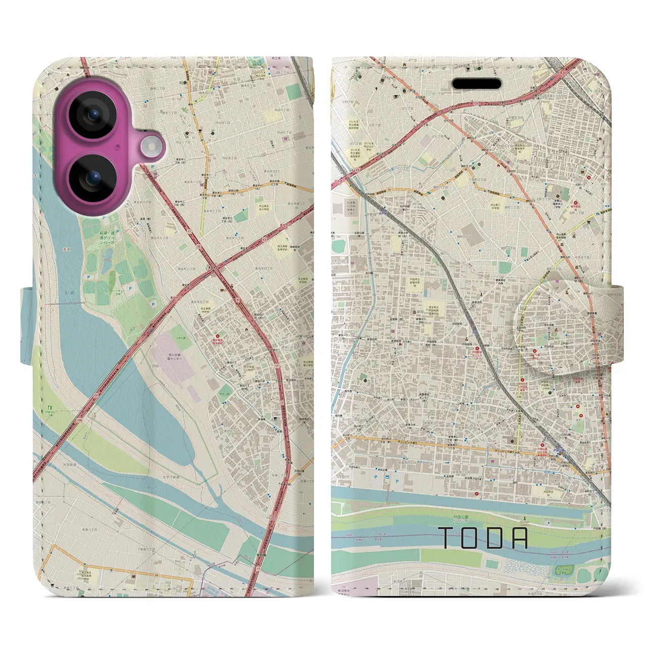 【戸田(埼玉県)】地図柄iPhoneケース(手帳タイプ)ナチュラル・iPhone 16 Pro 用