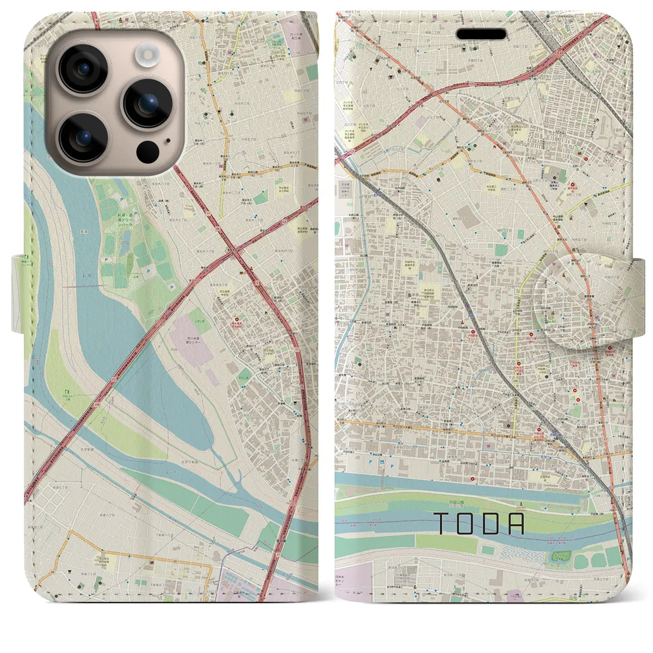【戸田(埼玉県)】地図柄iPhoneケース(手帳タイプ)ナチュラル・iPhone 16 Plus 用