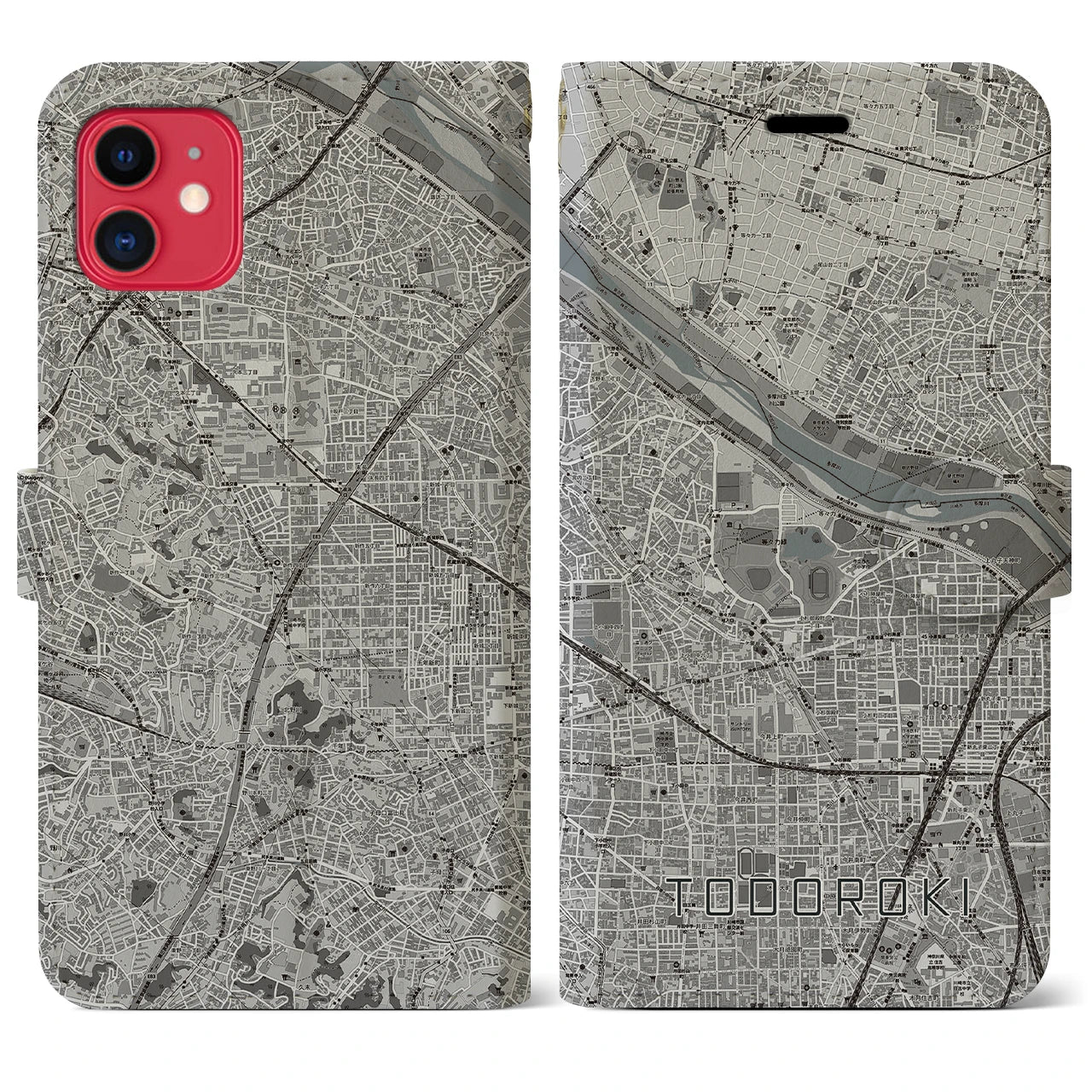 【等々力(神奈川県)】地図柄iPhoneケース(手帳タイプ)モノトーン・iPhone 11 用