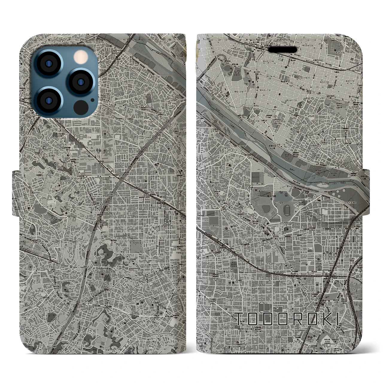 【等々力(神奈川県)】地図柄iPhoneケース(手帳タイプ)モノトーン・iPhone 12 / 12 Pro 用