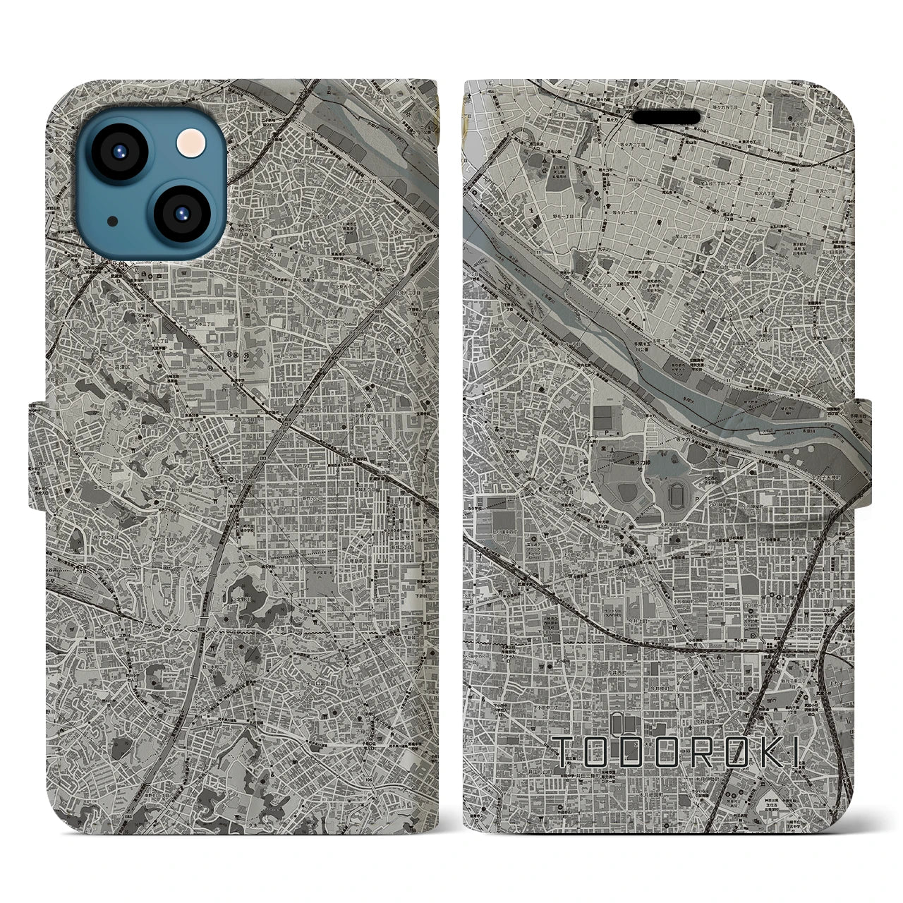 【等々力(神奈川県)】地図柄iPhoneケース(手帳タイプ)モノトーン・iPhone 13 用