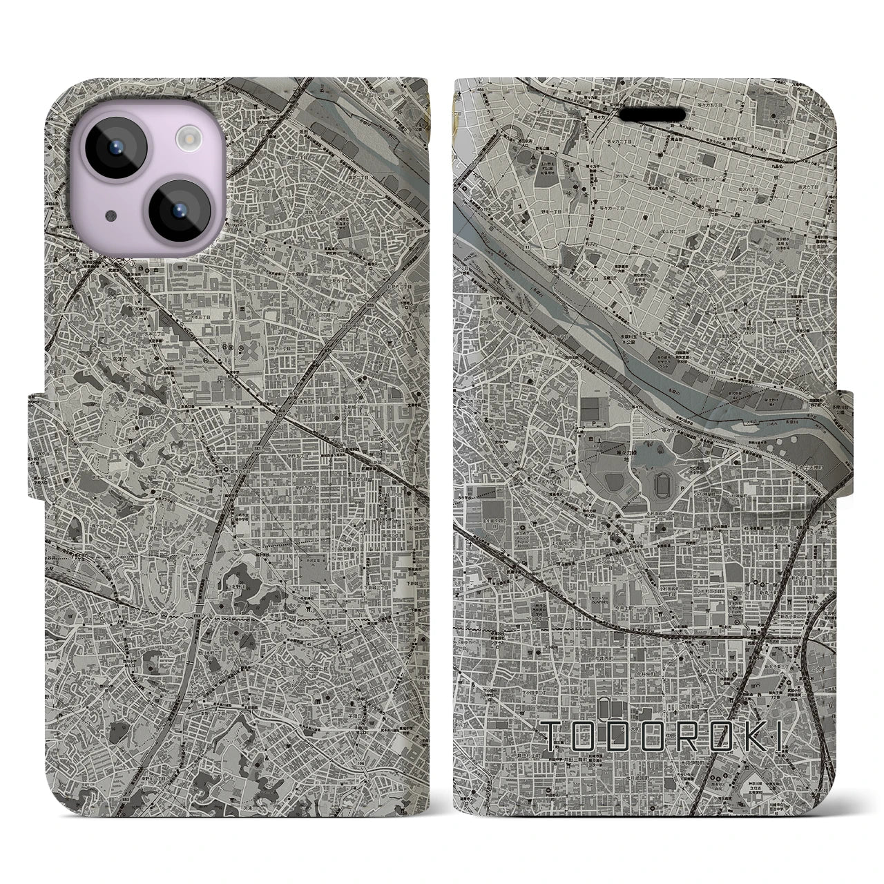 【等々力(神奈川県)】地図柄iPhoneケース(手帳タイプ)モノトーン・iPhone 14 用