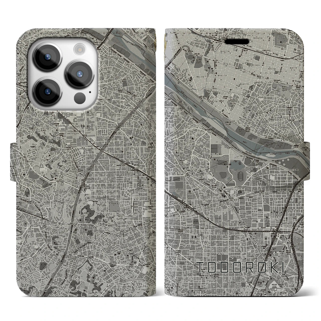 【等々力(神奈川県)】地図柄iPhoneケース(手帳タイプ)モノトーン・iPhone 14 Pro 用