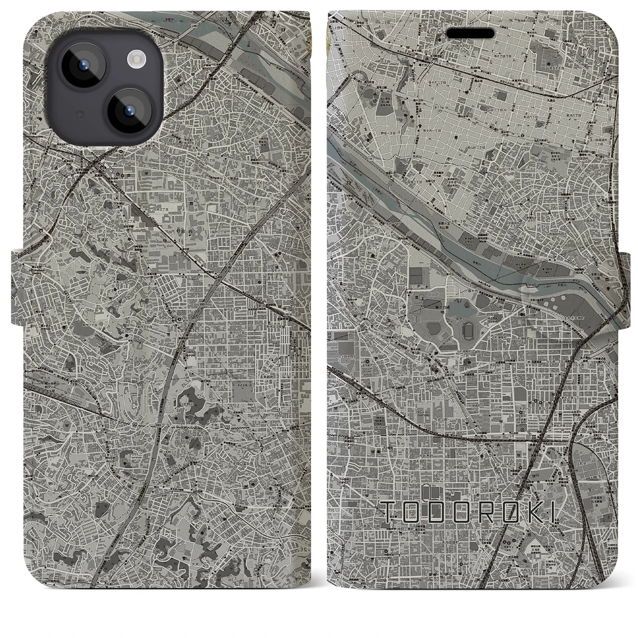 【等々力(神奈川県)】地図柄iPhoneケース(手帳タイプ)モノトーン・iPhone 14 Plus 用