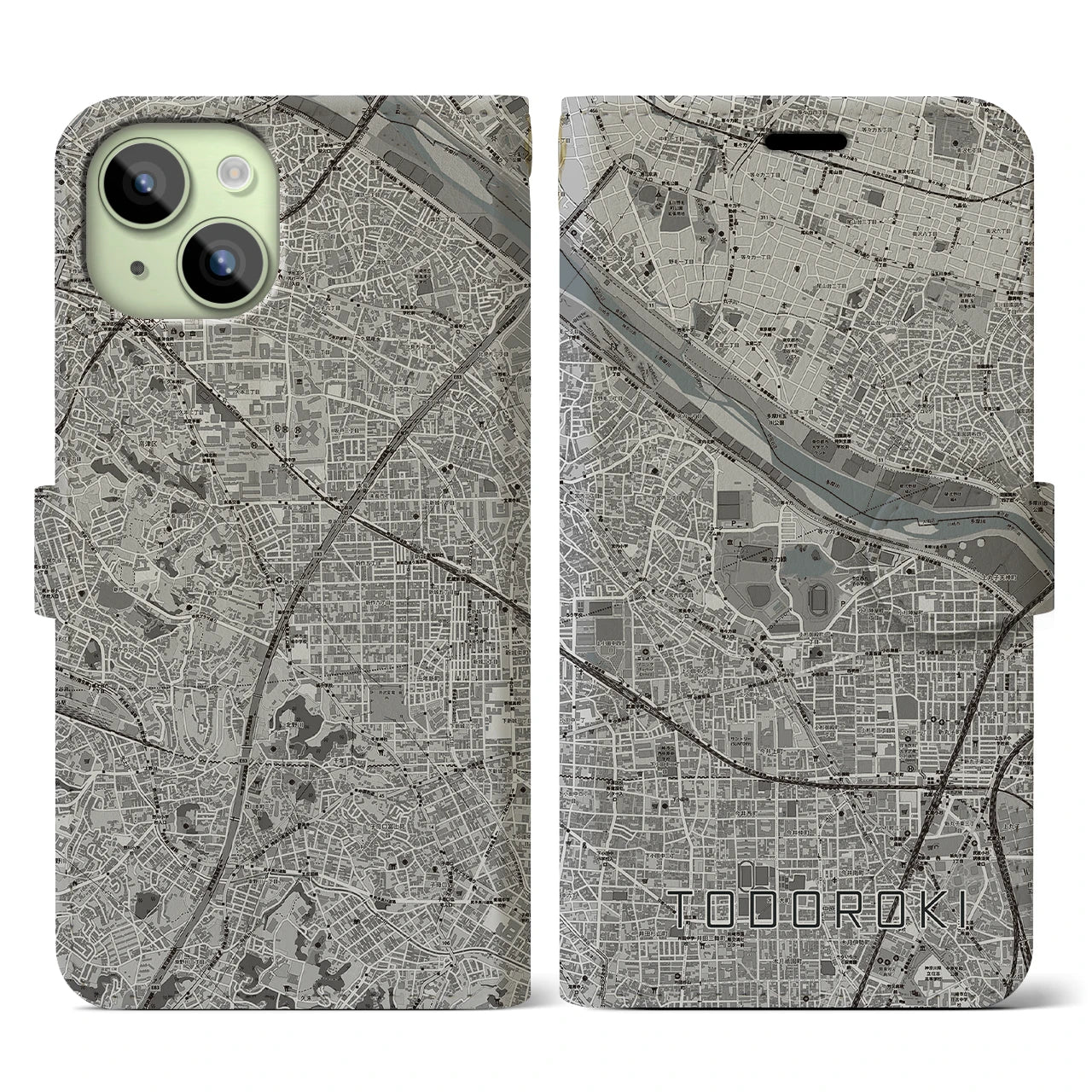 【等々力(神奈川県)】地図柄iPhoneケース(手帳タイプ)モノトーン・iPhone 15 用