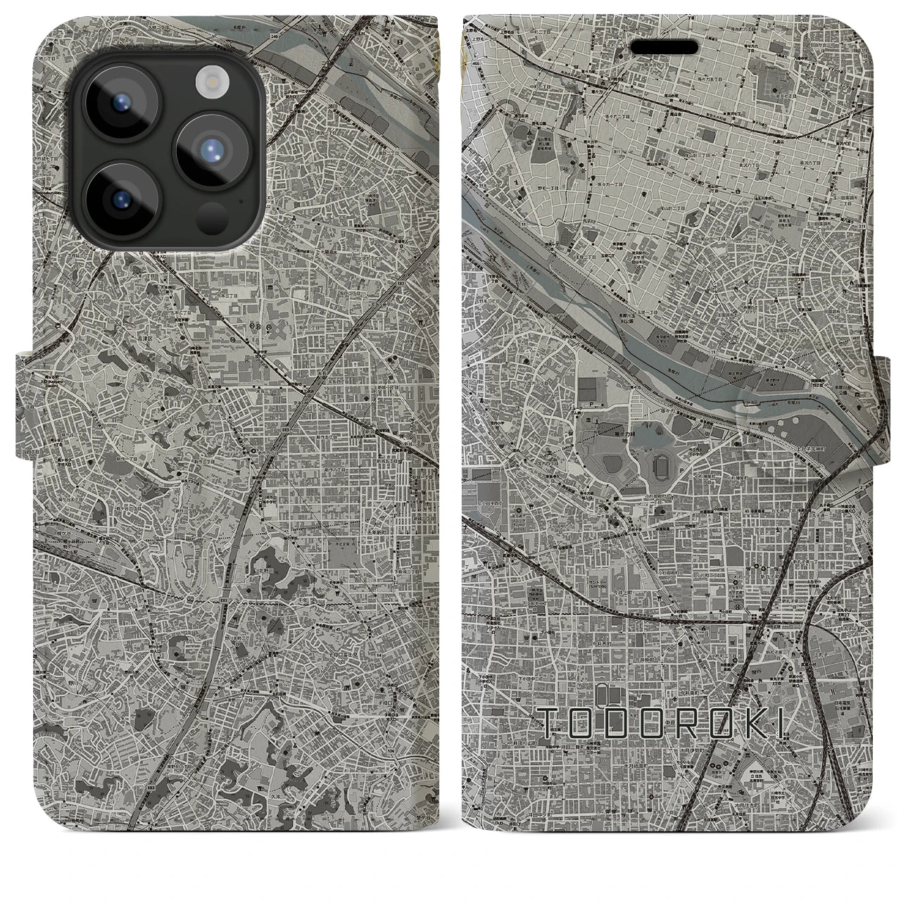 【等々力(神奈川県)】地図柄iPhoneケース(手帳タイプ)モノトーン・iPhone 15 Pro Max 用
