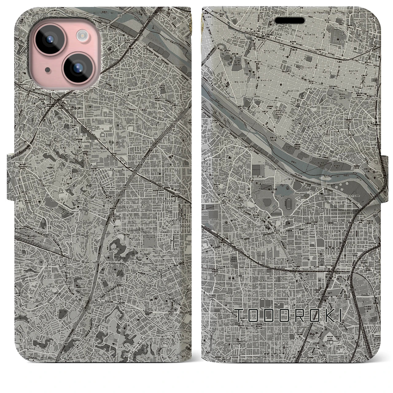 【等々力(神奈川県)】地図柄iPhoneケース(手帳タイプ)モノトーン・iPhone 15 Plus 用
