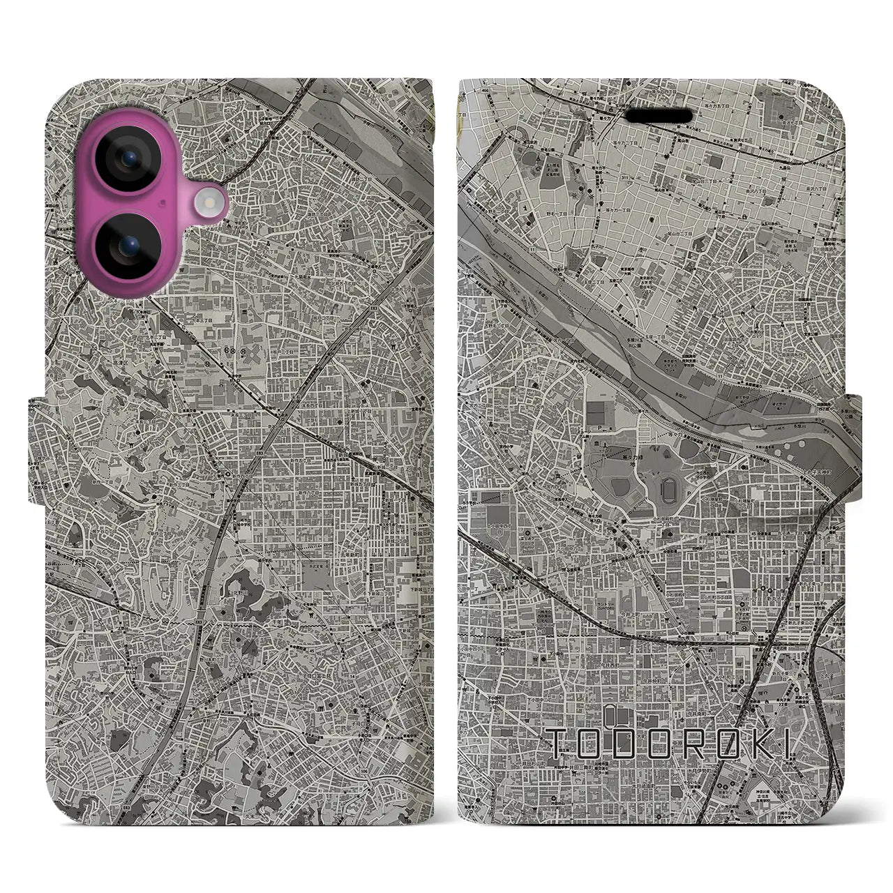 【等々力(神奈川県)】地図柄iPhoneケース(手帳タイプ)モノトーン・iPhone 16 Pro 用